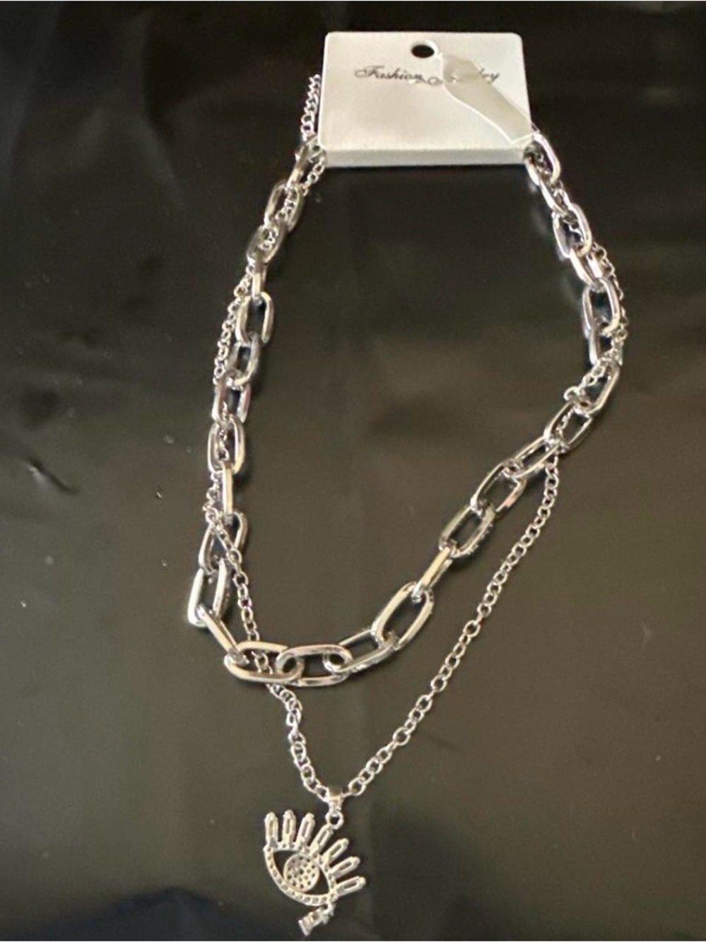 Silver-Tone Layered Chain Necklace with Eye Pendant - Women Jewelry